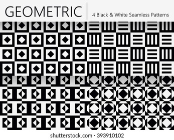 Set of 4 Abstract Seamless Patterns. Black and White Vector Backgrounds Consisting of Squares. Every Pattern is on a Separate Layer