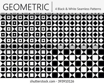 Set of 4 Abstract Seamless Patterns. Black and White Vector Backgrounds Consisting of Squares. Every Pattern is on a Separate Layer
