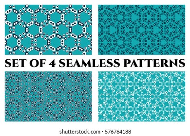 Set of 4 abstract seamless patterns of circle and drop elements in blue, teal, gray and white shades