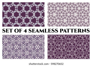 Set of 4 abstract seamless patterns of circle and drop elements in violet shades