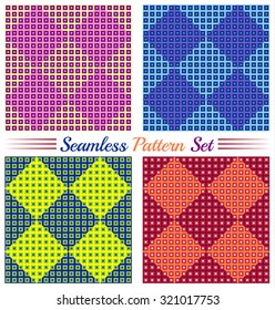 Set of 4 abstract stylish geometric seamless patterns with various size squares of different colors