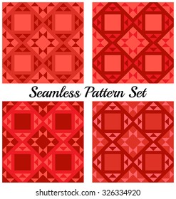 Set of 4 abstract stylish geometric seamless patterns with triangles and squares of red shades