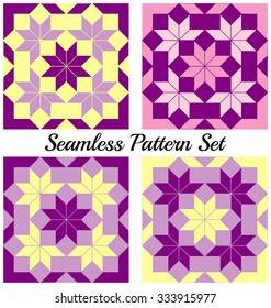 Set of 4 abstract stylish geometric seamless patterns with rhombus and squares of violet, yellow and pink shades