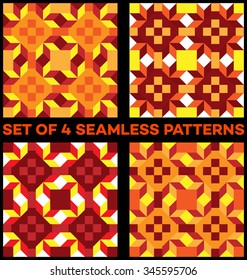 Set of 4 abstract stylish geometric seamless patterns with rhombus, triangles and squares of yellow, red, vinous, orange, white and cherry shades