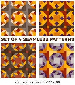 Set of 4 abstract stylish geometric seamless patterns with rhombus, triangle and square shapes of brown, yellow, violet, grey and white shades