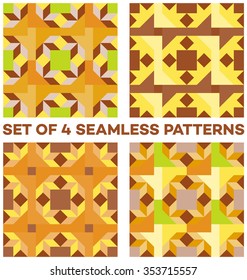 Set of 4 abstract stylish geometric seamless patterns with rhombus, triangle and square shapes of brown, yellow, green, orange and grey shades