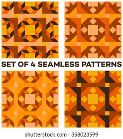 Set of 4 abstract stylish geometric seamless patterns with rhombus, triangle and square shapes of black, beige, brown, yellow and orange shades