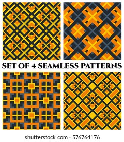Set of 4 abstract stylish geometrical seamless patterns with celtic ornament of blue, orange, and yellow shades