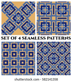 Set of 4 abstract stylish geometrical seamless patterns with celtic ornament of blue and beige shades
