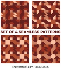 Set of 4 abstract stylish seamless patterns with different geometric shapes of beige and brown shades