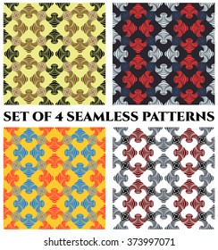 Set of 4 abstract stylish seamless patterns with decorative ornament of blue, red, golden, white, yellow and black shades