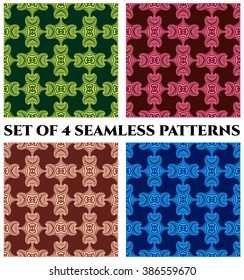 Set of 4 abstract stylish seamless patterns with decorative ornament of green, vinous, pink, brown, beige and blue shades