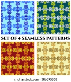 Set of 4 abstract stylish seamless patterns with decorative ornament of blue, white, yellow, teal, orange, red, beige, khaki and brown shades