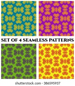 Set of 4 abstract stylish seamless patterns with decorative ornament of yellow, orange, violet and red colors on colorful backgrounds