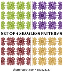 Set of 4 abstract stylish seamless patterns with decorative ornament of green, violet, red and golden shades on white background