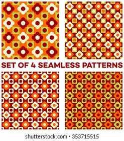 Set of 4 abstract summery seamless patterns with different geometric shapes of orange, green, white and cherry shades