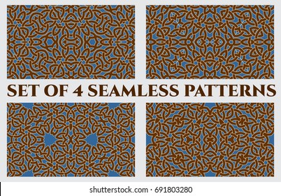 Set of 4 abstract trendy celtic knot seamless patterns of brown, blue and white shades