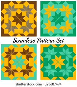 Set of 4 abstract trendy geometric seamless patterns with rhombus and squares of green, brown, yellow and grey shades