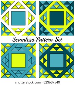Set of 4 abstract trendy geometric seamless patterns with triangles and squares of teal, yellow, blue and white shades