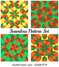 Set of 4 abstract trendy geometric seamless patterns with rhombus and squares of green, orange, yellow and brown shades