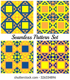 Set of 4 abstract trendy geometric patterns with triangles and squares of blue, orange and yellow shades