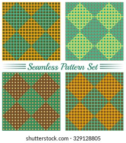 Set of 4 abstract trendy geometric seamless patterns with various size squares of green, brown, blue and yellow shades