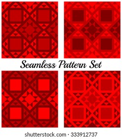 Set of 4 abstract trendy geometric seamless patterns with triangles and squares of light and dark red shades