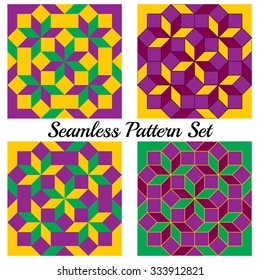 Set of 4 abstract trendy geometric seamless patterns with rhombus and squares of green, yellow, violet and purple shades