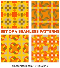 Set of 4 abstract trendy geometric seamless patterns with rhombus, square and triangular shapes of orange, green, grey and yellow shades