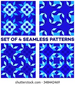 Set of 4 abstract trendy geometric seamless patterns with rhombus, triangles and squares of blue and cyan shades