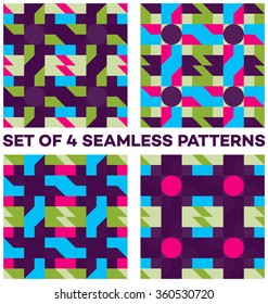 Set of 4 abstract trendy geometric seamless patterns with different geometric shapes of blue, violet, pink and green shades
