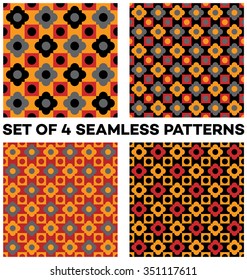 Set of 4 abstract trendy seamless patterns with different geometric shapes of black, red, grey and orange shades