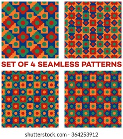 Set of 4 abstract trendy seamless patterns with different geometric shapes of green, red, blue and orange shades