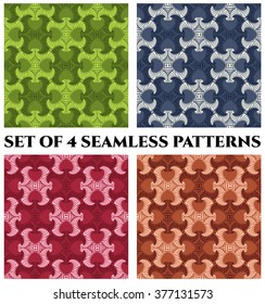 Set of 4 abstract trendy seamless patterns with decorative ornament of blue, green, brown and burgundy shades