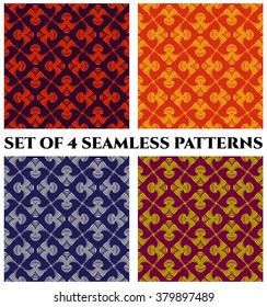 Set of 4 abstract trendy seamless patterns with decorative ornament of yellow, orange, blue, violet and grey shades