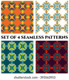 Set of 4 abstract trendy seamless patterns with decorative ornament of blue, orange, green, yellow, white, brown, beige, teal, red and violet shades
