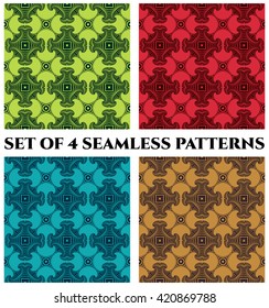 Set of 4 abstract trendy seamless patterns with fractal decorative elements of green, red, blue and brown shades