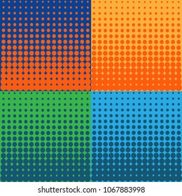 Set of 4 abstract vector colorful halftone dots backgrounds green blue orange colors.