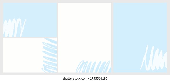 Set of 4 Abstract Vector Layouts. Watercolor Style Light Blue Hand Drawn Scribbles Isolated on a White and Blue Background.Simple Geometric Print Ideal for Cover,Layouts.Modern Freehand Vector Blanks.