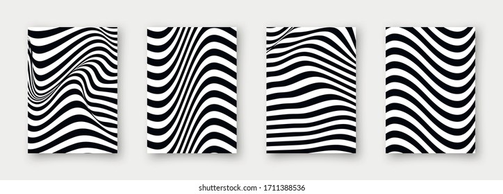 Set of 4 abstract vector wavy backgrounds. Striped simple minimalistic linear monochrome posters for your business.