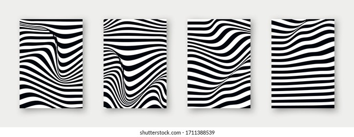 Conjunto de 4 fondos abstractos vectoriales ondulados. Afiches simples minimalistas de monocromo lineal a rayas para su negocio.