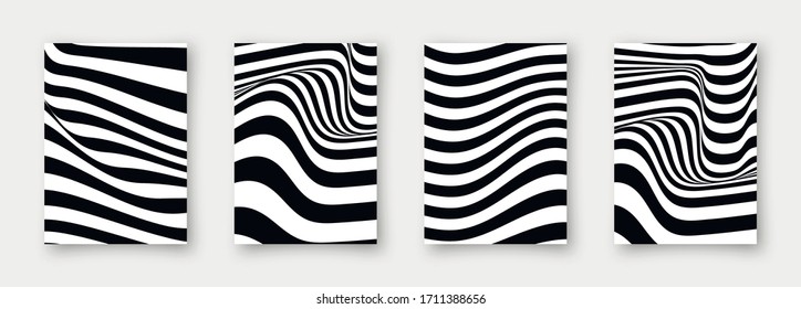 Set of 4 abstract vector wavy backgrounds. Striped simple minimalistic linear monochrome posters for your business.