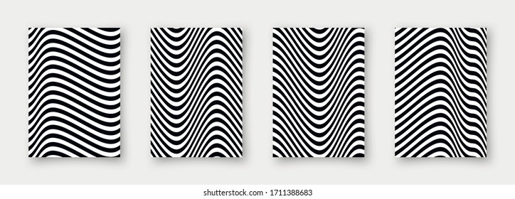 Set of 4 abstract vector wavy backgrounds. Striped simple minimalistic linear monochrome posters for your business.