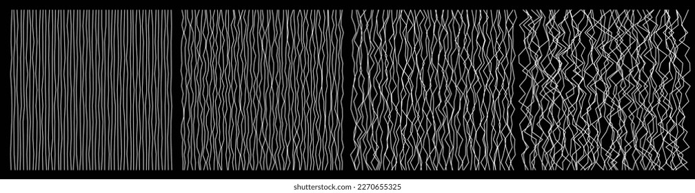 Set of 4 abstract vertical messy white lines on dark background. Vector illustration. 