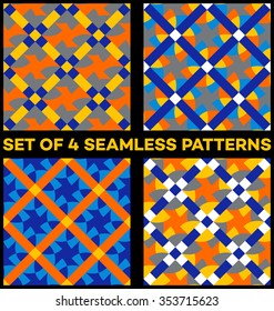 Set of 4 abstract vintage geometric seamless patterns with different geometric elements of yellow, blue, grey, orange and white shades