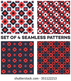 Set of 4 abstract vintage seamless patterns with different geometric shapes of blue, cyan, red and black shades