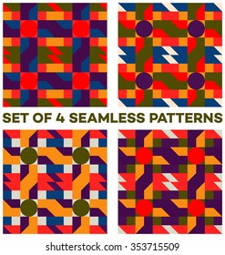 Set of 4 abstract vivid seamless patterns with different geometric shapes of blue, red, violet, orange, yellow and green shades