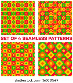 Set of 4 abstract vivid seamless patterns with different geometric elements of green, red, yellow and orange shades