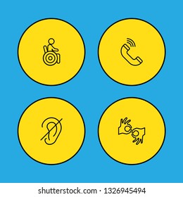 Set of 4 accessibility icons line style set. Collection of deafness, sign language, volume control and other elements.