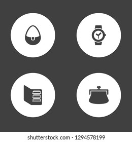 Set of 4 accessories icons set. Collection of pouch, purse, women wallet and other elements.